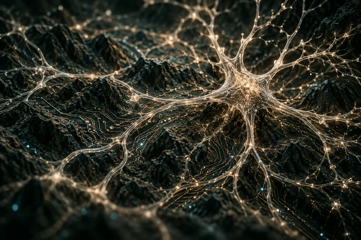 Artistic neural branches glowing over dark, textured terrain, connecting the natural world with intelligence.